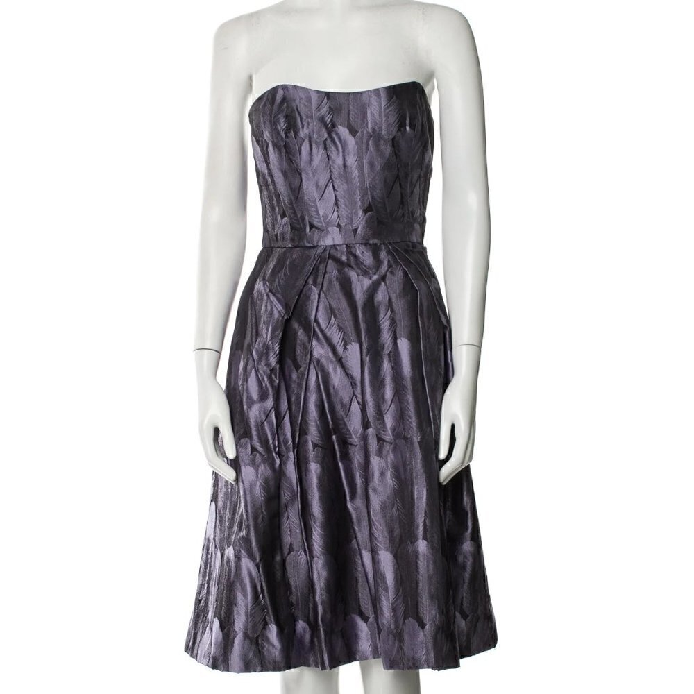 Carolina Herrera Strapless Corset Bodice Feather Print 100% Silk Midi Dress 8 US